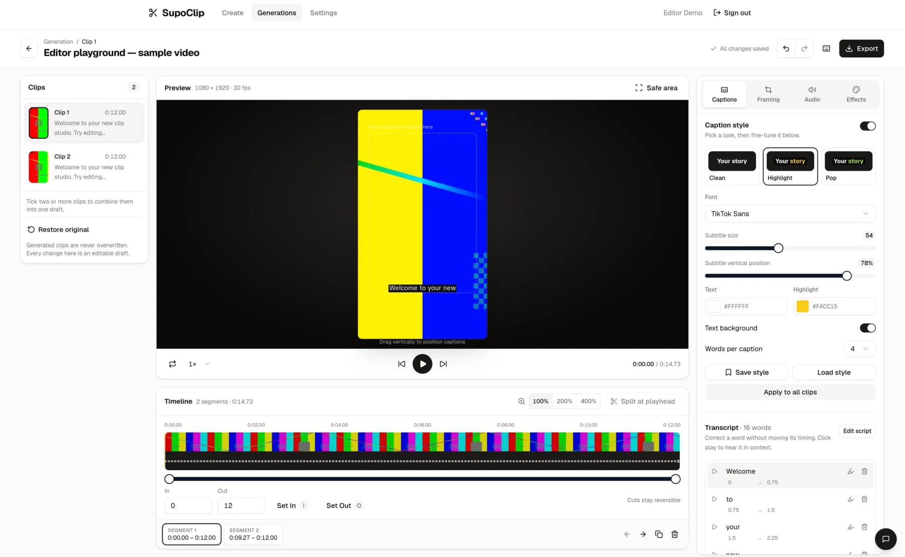 SupoClip editor with clip list, vertical preview, caption styling controls, and a timeline